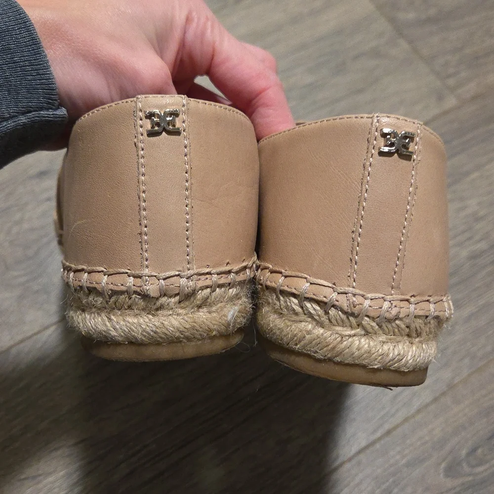 Leather Espadrille Flats in Beige with Black Cap Toe